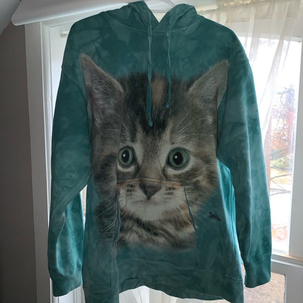 Teal Tie-Dye Hoodie with Large Kitten Graphic
